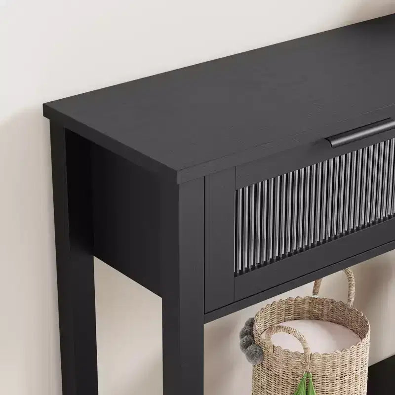 43-Inch Wood Console Table with 2 Glass Drawers & 2-Tier Storage