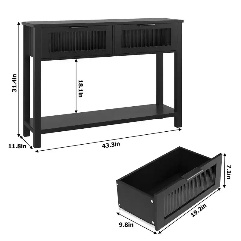 43-Inch Wood Console Table with 2 Glass Drawers & 2-Tier Storage