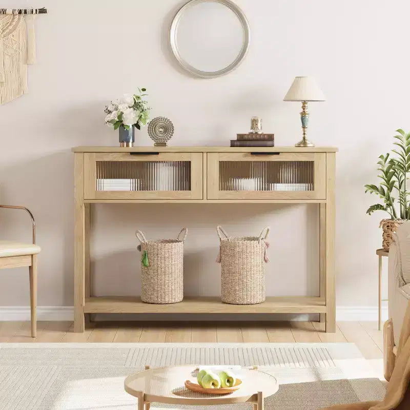 43-Inch Wood Console Table with 2 Glass Drawers & 2-Tier Storage
