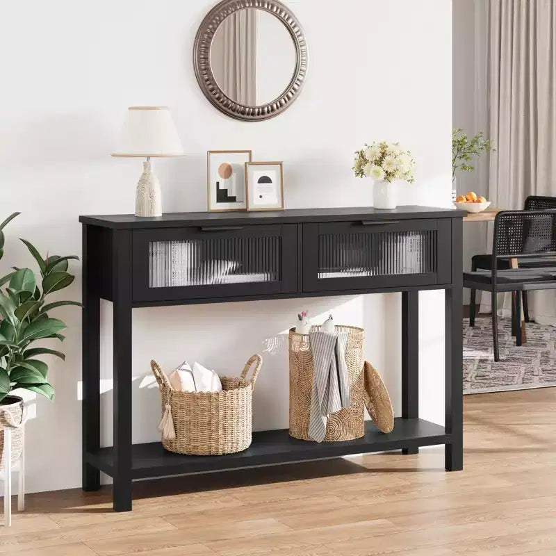 43 Inch Entryway Table, Wood Console Table with 2 Glass Drawers, 2 Tier Sofa Table with Storage for Living Room, Foyer Tables for Entryway