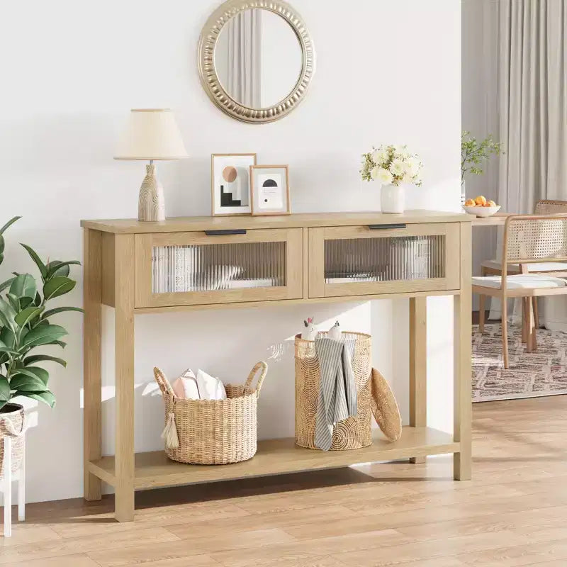 43-Inch Wood Console Table with 2 Glass Drawers & 2-Tier Storage