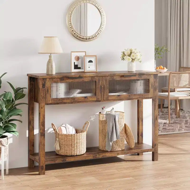 43-Inch Wood Console Table with 2 Glass Drawers & 2-Tier Storage