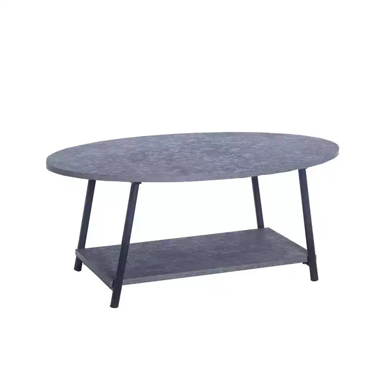 Jamestown Oval Coffee Table with Storage Shelf Rustic Slate Concrete and Black Metal