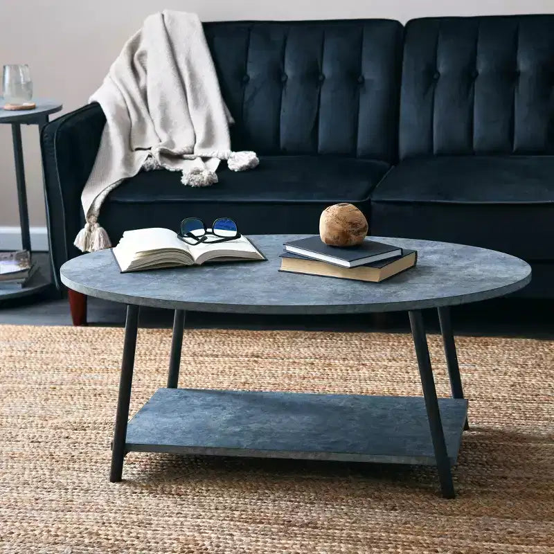 Oval Coffee Table with Storage Shelf - Rustic Gray & Black Metal