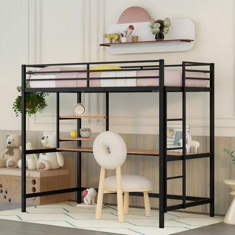 Twin/Full Size Metal Loft Bed with Desk and Shelves - ModernLuxe