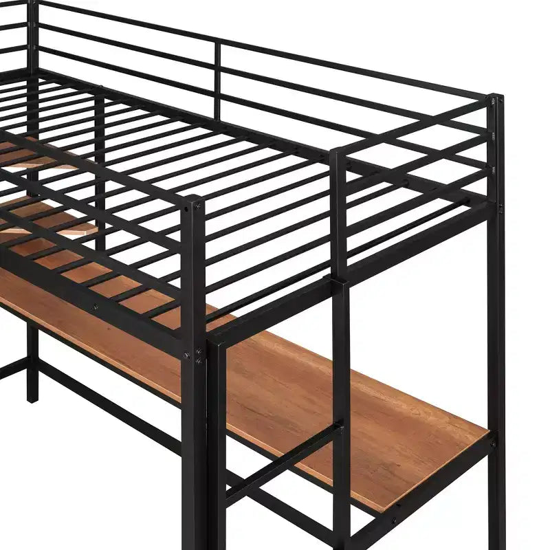 Twin/Full Size Metal Loft Bed with Desk and Shelves
