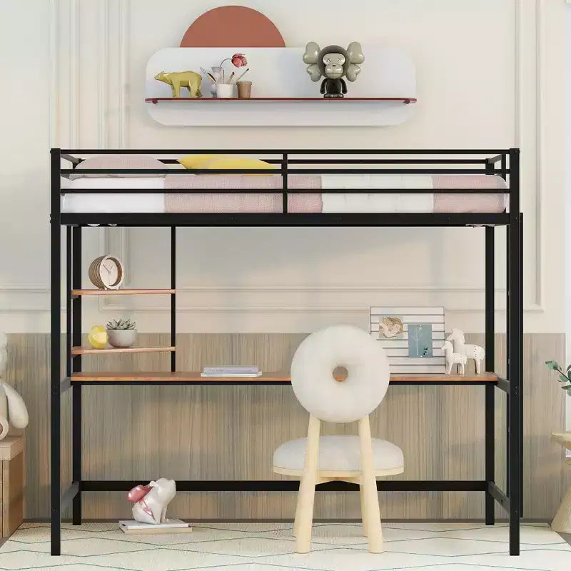 Twin/Full Size Metal Loft Bed with Desk and Shelves