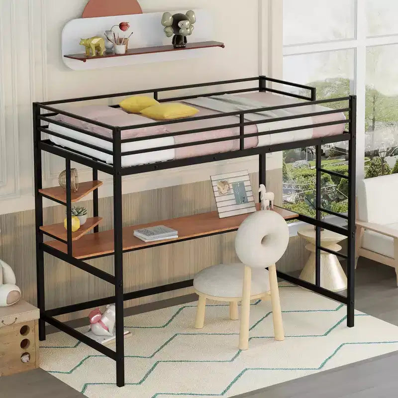Twin/Full Size Metal Loft Bed with Desk and Shelves