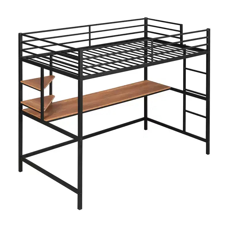 Twin/Full Size Metal Loft Bed with Desk and Shelves