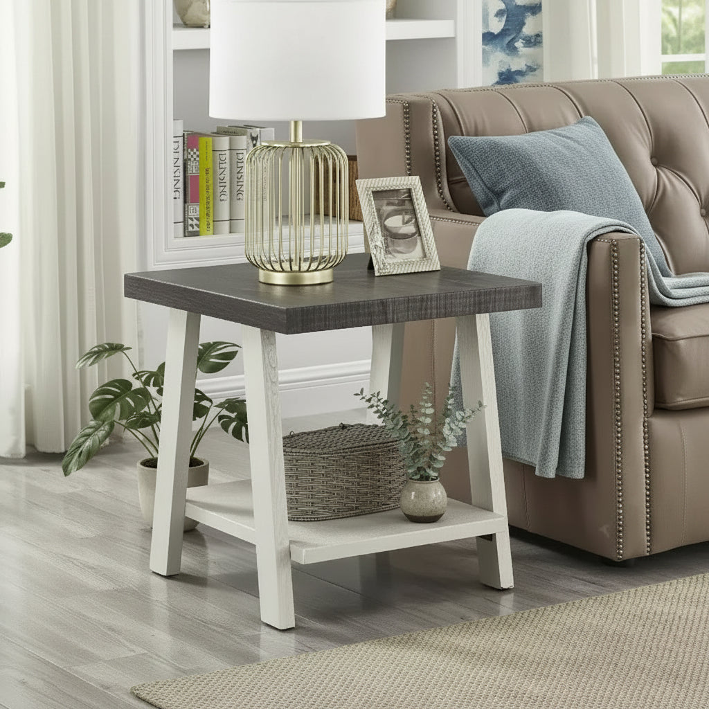 Roundhill Furniture Athens Contemporary Two-Tone Wood Shelf End Table in Weathered Charcoal and Beige
