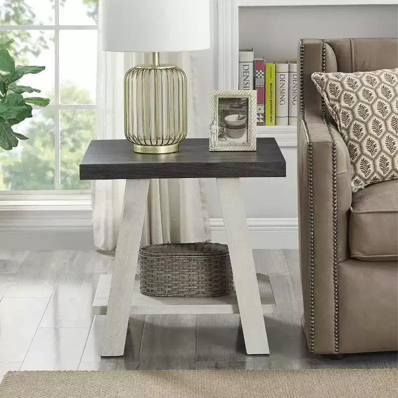 Two-Tone Wood Shelf End Table in Weathered Charcoal and Beige