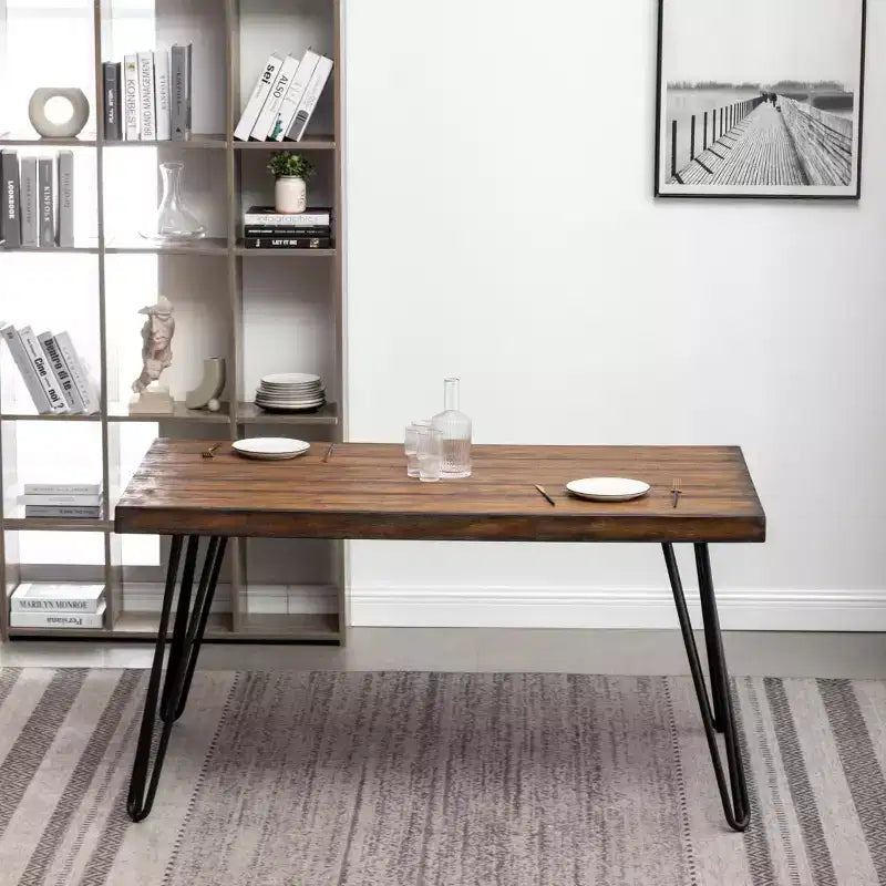 Industrial Metal Hairpin Design Dining Table, Rustic Dark Pine