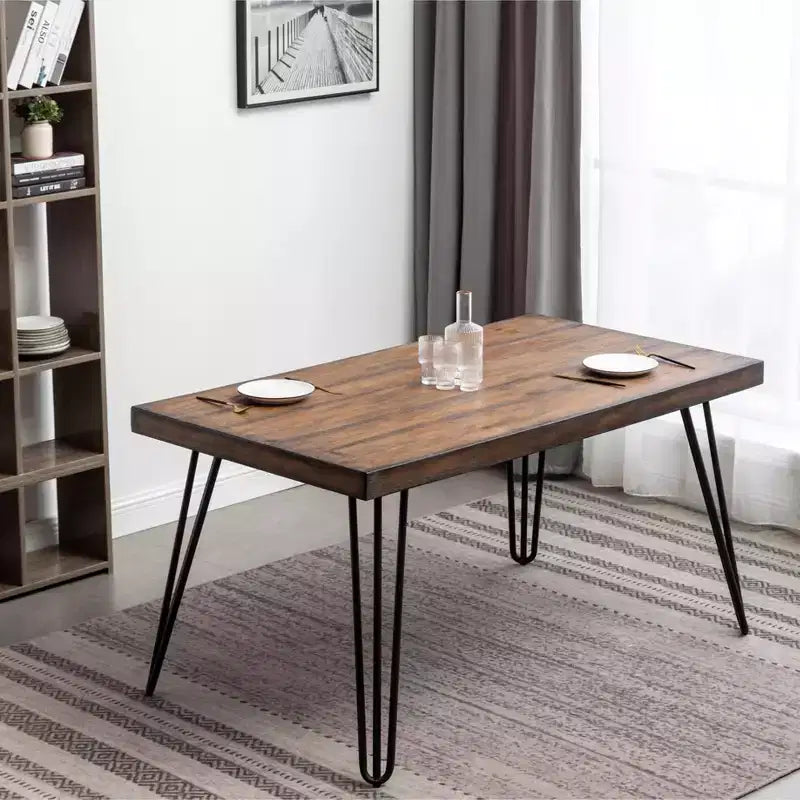 Industrial Metal Hairpin Design Dining Table, Rustic Dark Pine