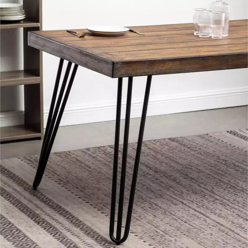 Industrial Metal Hairpin Design Dining Table, Rustic Dark Pine